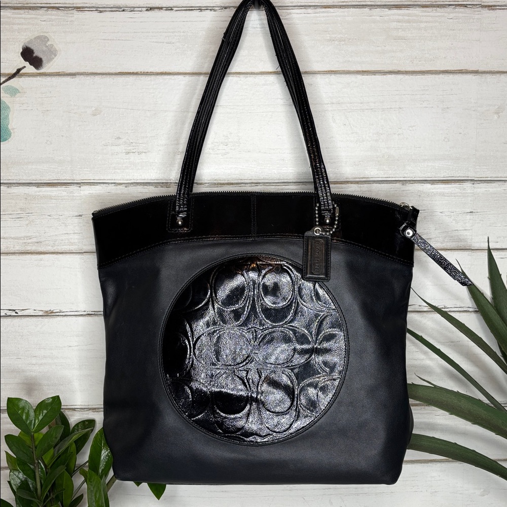 Coach Black Tote with Circular Patent Logo Window